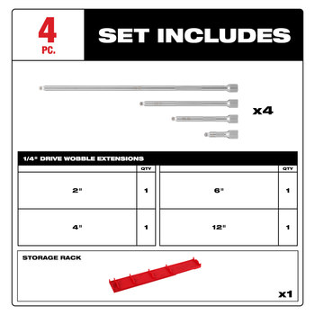 Milwaukee Wobble Extension Set 48-22-9350 - 1/4 in Male Square - 2 in, 4 in, 6 in, 12 in Length - Chrome Vanadium Steel - Chrome Finish - 61472