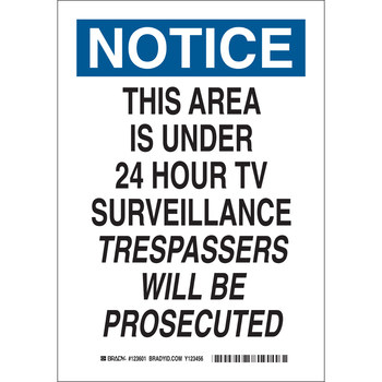 Picture of Brady B-401 High Impact Polystyrene Rectangle White English Surveillance Sign part number 123600 (Main product image)