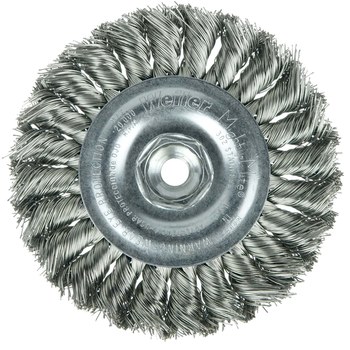 Weiler 13110 Wheel Brush - 4 in Dia - Knotted - Standard Twist Stainless Steel Bristle