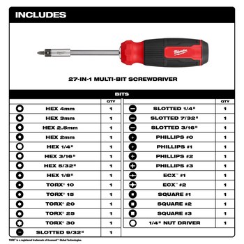 Milwaukee Hex 48-22-2901 27-in-1 Multi-Bit Screwdriver - 9.11 in - 63048