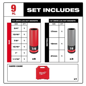 Milwaukee SHOCKWAVE Impact Duty 49-66-7832 6 Point Lug Nut Wheel Socket Set - Forged Steel - 1/2 in Drive - 76700