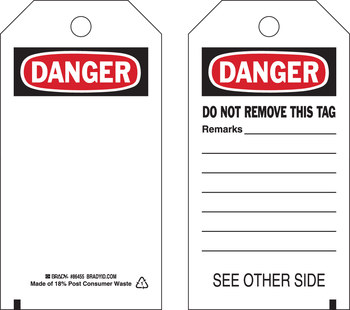 Picture of Brady Black / Red on White Metal Grommet, Self-Laminating, Write-On Polyester 86455 Equipment Safety Tag (Main product image)