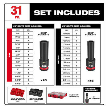 Milwaukee SHOCKWAVE Impact Duty 49-66-6806 6 Point Socket Set - Chrome Molybdenum Steel - 1/2 in Drive - 61158