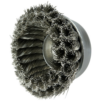 Weiler Stainless Steel Cup Brush - Threaded Arbor Attachment - 4 in Diameter - 5/8 in-11 UNC Center Hole - 0.020 in Bristle Diameter - 12726
