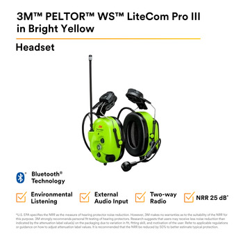 3M PELTOR WS LiteCom PRO III MT73H7P3E4D10NA GB Bright Yellow Bright Yellow Hard Hat Mounted Communication Headset - 25 dB NRR - 318640-06806