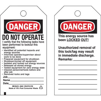 Picture of Brady Black / Red on White Laminated, Metal Grommet Polyester / Paper 65515 Lockout / Tagout Tag (Main product image)