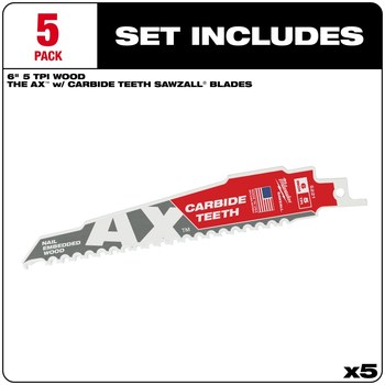 Milwaukee SAWZALL Ax Reciprocating Saw Blade 48-00-5521 - 7 TPI - 1 in Width x 0.05 in Thick - Carbide