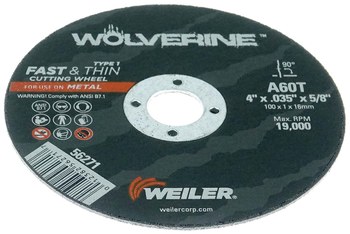 Weiler Wolverine Cutoff Wheel 56271 - Type 1 - Straight Wheel - 4 in - Aluminum Oxide - 60 - T