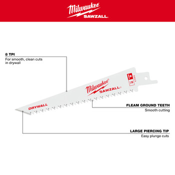 Milwaukee SAWZALL Drywall Blade 48-00-5053 - 8 TPI - 0.98 in Width x 0.06 in Thick - Steel