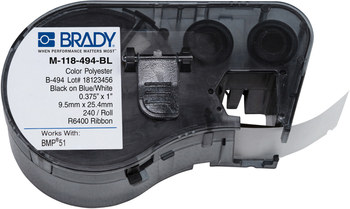 Brady M-118-494-BL Die-Cut Printer Cartridge - 1 in x 0.375 in - Polyester - Blue / White - B-494 - 61288