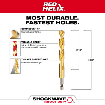 Milwaukee SHOCKWAVE 27/64 in Drill Bit 48-89-4624 - 4.88 in Overall Length - 3.12 in Flute - Titanium Coated - Hex Shank