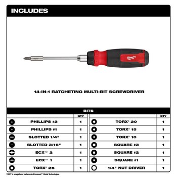 Milwaukee Hex 48-22-2903 14-in-1 Ratcheting Multi-Bit Screwdriver - 10 in - 63047