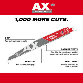Milwaukee SAWZALL Ax Reciprocating Saw Blade 48-00-5226 - 5 TPI - 1 in Width x 0.05 in Thick - Carbide