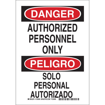 Picture of Brady B-555 Aluminum Rectangle White English / Spanish Restricted Area Sign part number 124043 (Main product image)