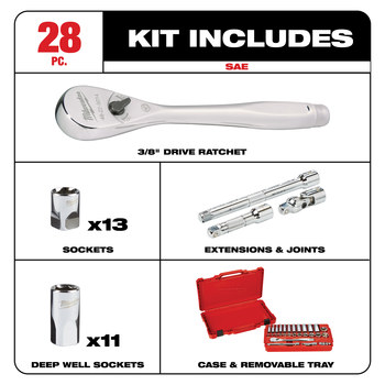 Milwaukee 48-22-9408 6 Point Ratchet & Socket Set - Alloy Steel - 3/8 in Drive - 50464