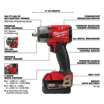 Milwaukee M18 FUEL Impact Wrench Kit 2962-22R - M18 REDLITHIUM Battery - 650 ft/lb Max