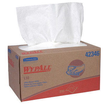 Kimberly-Clark WypAll L10 White Fiber Cleaning Wiper - Pop-up Dispenser Box - 250 sheets per box - 9 in Overall Length - 10.25 in Width - 42346