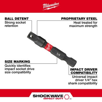 Milwaukee SHOCKWAVE Impact Hex Socket Adapter 48-32-5030 - 1.875 in Length - Proprietary Steel - 19503