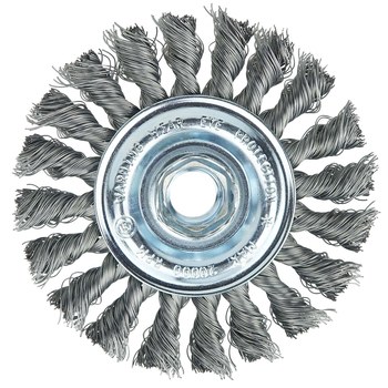 Weiler Wolverine 36212 Wheel Brush - 4 in Dia - Knotted - Standard Twist Steel Bristle
