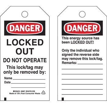Picture of Brady Black / Red on White Self-Laminating Polyester 66067 Lockout / Tagout Tag (Main product image)