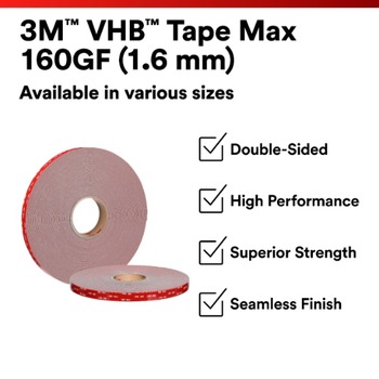 3M VHB Max-160GF Max - High Performance Gray Tape Film Liner - 1/2 in Width x 36 yd Length - 62 mil Thick