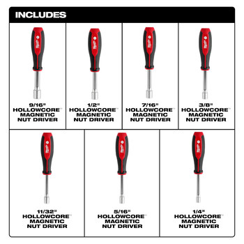 Milwaukee HollowCore 1/4 in, 5/16 in, 11/32 in, 3/8 in, 7/16 in, 1/2 in, 9/16 in 48-22-2547 Nut Driver Set - Forged Steel - 10.91 in - 67088