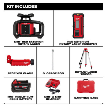 Milwaukee M18 Red/Black Polycarbonate, Nylon, Glass-Filled Nylon Exterior Rotary Laser Kit - 3701-21T