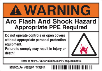Brady 102307 Black / Orange on White Rectangle Polyester Arc Flash Label - 5 in Width - 3 1/2 in Height - B-302