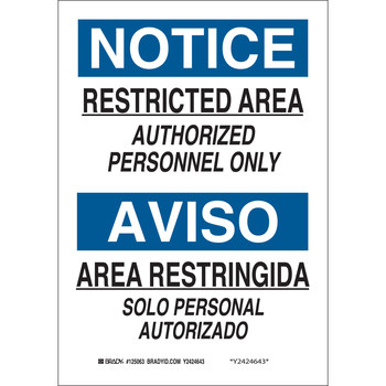 Picture of Brady B-401 High Impact Polystyrene Rectangle White English / Spanish Restricted Area Sign part number 125065 (Main product image)