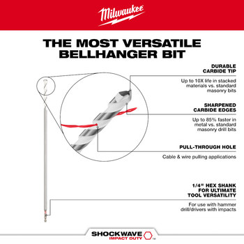 Milwaukee SHOCKWAVE Impact Duty 5/16 in Bellhanger Bit 48-20-8862 - 18 in Overall Length - 16 in Flute - Carbide Tipped