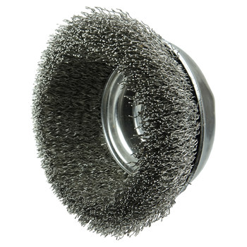 Weiler Stainless Steel Cup Brush - Threaded Nut Attachment - 5 in Diameter - 5/8 in-11 UNC Center Hole - 0.020 in Bristle Diameter - 14256