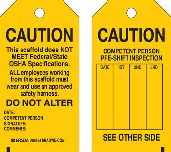 Picture of Brady Black on Yellow Laminated, Metal Grommet, Write-On Polyester / Paper 86454 Equipment Safety Tag (Main product image)