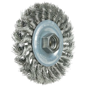 Weiler Wolverine 36213 Wheel Brush - 4 in Dia - Knotted - Standard Twist Stainless Steel Bristle