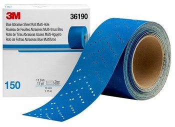 3M Hookit Blue Abrasive Ceramic Aluminum Oxide Sanding Sheet Roll - 150 Grit - Hook & Loop Attachment - 2.75 in Width x 13 yd Length - 36190