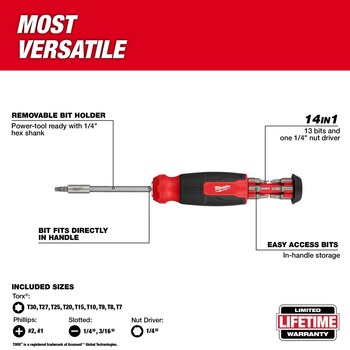 Milwaukee Hex 48-22-2907 14-in-1 Multi-Bit Screwdriver - 9.11 in - 63050
