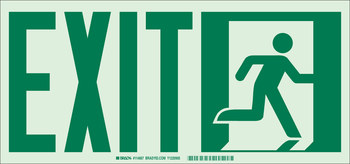 Picture of Brady Bradyglo B-986 Aluminum / Polyester Rectangle Safety Green English Exit Sign part number 114669 (Main product image)