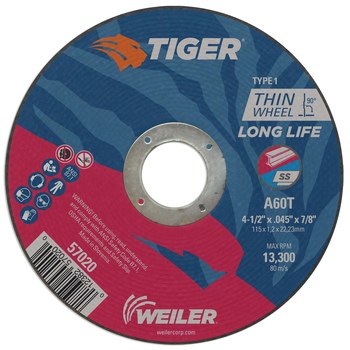 Weiler Tiger AO Cutting Wheel 57020 - 4-1/2 in - Aluminum Oxide - 60 - T