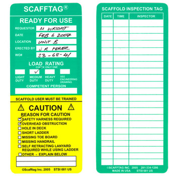 Brady Scafftag SCAF-STSI 681 Scaffold Tag Insert, Green on Yellow