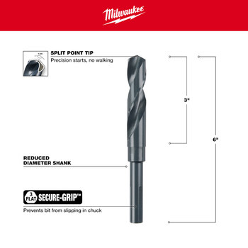 Milwaukee 23/32 in S&D Drill Bit 48-89-2745 - Right Hand Cut - Split 135° Point - 6 in Overall Length - 4 in Twist Flute - Black Oxide