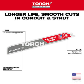 Milwaukee TORCH Reciprocating Saw Blades 48-00-5352 - 10 TPI - 1 in Width x 0.05 in Thick - Carbide