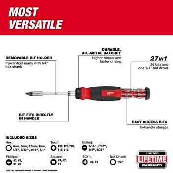 Milwaukee Hex 48 22 2904 27 in 1 Ratcheting Multi Bit Screwdriver