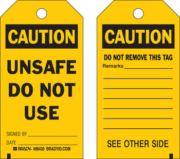 Picture of Brady Black on Yellow Laminated, Metal Grommet, Write-On Polyester / Paper 86430 Equipment Safety Tag (Main product image)