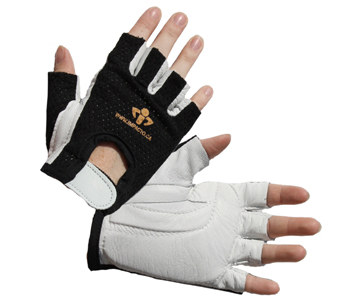 Picture of Impacto 410-30 RH Black/White Medium Leather/Nylon/Visco-Elastic Polymer Fingerless Work Glove (Main product image)