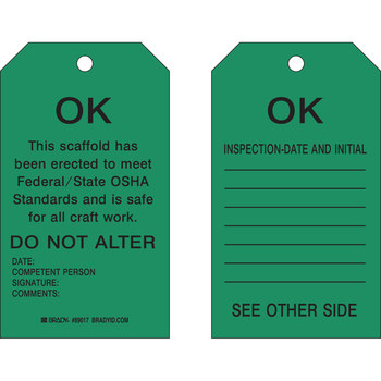 Picture of Brady Black on Green Laminated, Metal Grommet, Write-On Polyester / Paper Scaffold 89017 Scaffold Tag (Main product image)