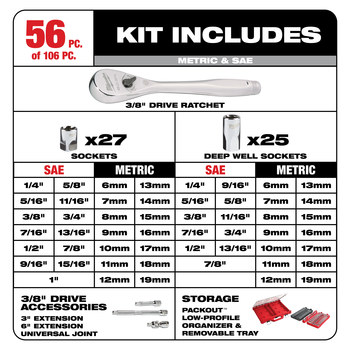 Milwaukee 48-22-9486 6 Point Ratchet & Socket Set - Chrome Vanadium Steel, Plastic - 1/4 in, 3/8 in Drive - 57607