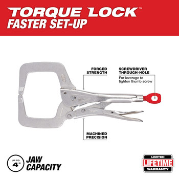 Milwaukee TORQUE LOCK Locking C-Clamp 48-22-3531 - 11 in - 2 in Capacity - 2.125 in Throat - 500 lb Pressure