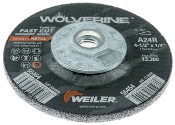 Weiler Wolverine Surface Grinding Wheel 56454 - 4-1/2 in - Aluminum Oxide - 24 - R