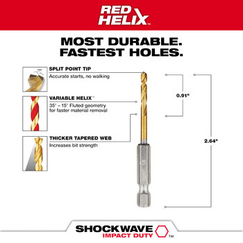 Milwaukee SHOCKWAVE 1/8 in Drill Bit 48-89-4605 - 2.62 in Overall Length - 0.9 in Flute - Titanium Coated - Hex Shank