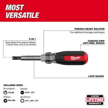 Milwaukee 48-22-2902 9-in-1 Punchdown Multi-Bit Screwdriver - 7.54 in - 84827