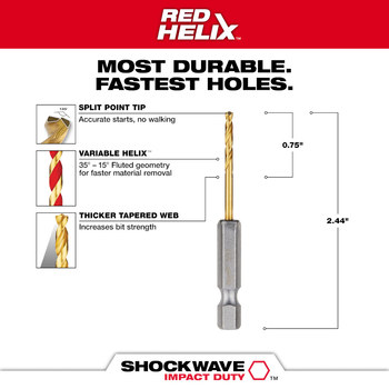 Milwaukee SHOCKWAVE 3/32 in Drill Bit 48-89-4603 - 2.38 in Overall Length - 0.74 in Flute - Titanium Coated - Hex Shank
